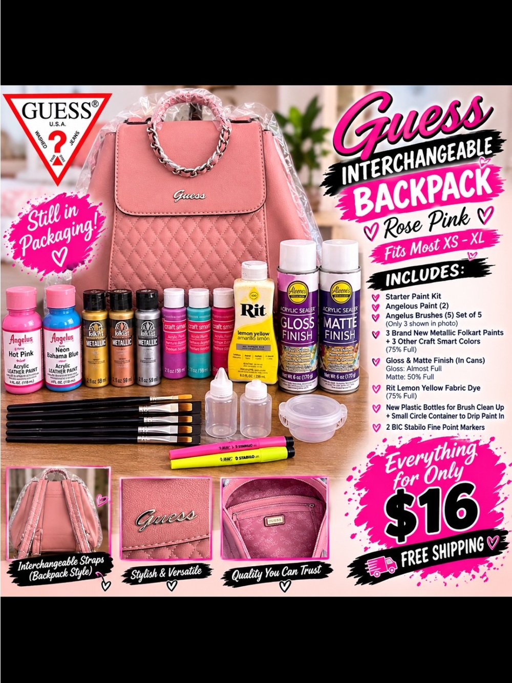Guess Rose Pink Quilted Backpack with Art & Paint Kit
